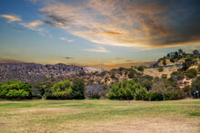 A Gorgeous Summer Landscape In The Hollywood Hills With The Hollywood Sign On The Hillside Surrounded By Lush Green Trees, Grass And Plants With A Radio Tower And Powerful Clouds At Sunset