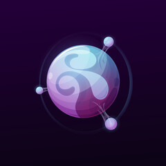 Poster - Cartoon blue and purple planet with satellites or orbit. Game UI fantasy planet icon with moons, gas atmosphere and water surface, alien galaxy artificial world or extraterrestrial organism
