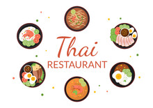 Traditional Thailand Food Template Cartoon Hand Drawn Illustration Various Of Thai Cuisine Design