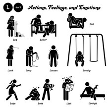 Stick Figure Human People Man Action, Feelings, And Emotions Icons Alphabet L. Log, Loiter, Loll, Look, Loop, Loosen, Lonely, Lope, Lose, Lost, And Lounge.