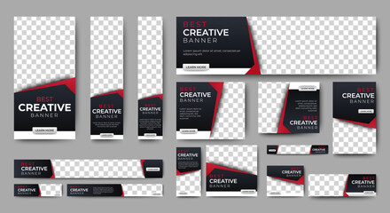 Fototapete - Creative web banners of standard size with a place for photos. Gradient black and red. Business ad banner. Vertical, horizontal and square template.