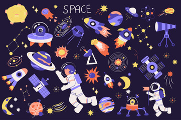 Aufkleber - Space cute set in flat cartoon design. Bundle of planet, comet, ufo, rocket, satellite, telescope, constellation, star, astronaut, moon, spaceship and other. Illustration isolated elements