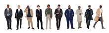 Business Men In Different Poses, Walking And Standing. Handsome Male Characters Wearing Formal Suits And Smart Casual Outfit. Multiracial Business Team. Set Of People Vector Realistic Illustrations.