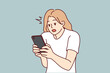 © drawlab19 - Amazed young woman look at cellphone screen shocked by unbelievable message online. Stunned girl surprised with news online on smartphone. Vector illustration.