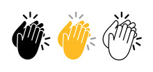 Hand Clap. Icon Of Applause. Black, Yellow And White Icons Of Hands Claps Isolated On White Background. Silhouettes Of Applaud. Symbol For Congratulations, Celebration And Success. Vector
