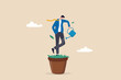 Personal development, self improvement or career growth, coaching or training to success, motivation to growing, develop skill or attitude concept, confidence businessman watering self on plant pot.