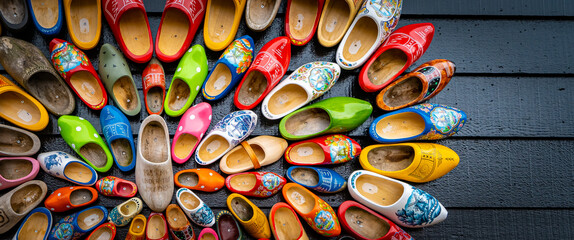 Set of different colorful vintage Dutch wooden clogs