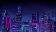 Futuristic Cityscape With Blue And Pink Neon Lights. Night Scene With Advanced Skyscrapers.