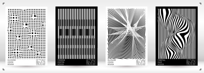 Wall Mural - Geometrical Poster Design with Optical Illusion Effect.  Minimal Psychedelic Cover Page Collection. Monochrome Wave Lines Background. Fluid Stripes Art. Swiss Design. Vector Illustration for Placard.