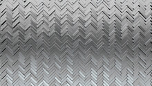 Glossy, Herringbone Mosaic Tiles Arranged In The Shape Of A Wall. Silver, 3D, Blocks Stacked To Create A Luxurious Block Background. 3D Render