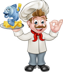 Canvas Print - A cartoon chef character holding fish and chips meal and giving a perfect gesture