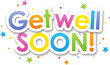 Colorful GET WELL SOON typography banner with stars on transparent background