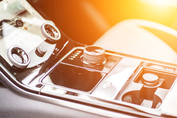 Control panel dashboard car fragment. Automatic transmission gear shift in car