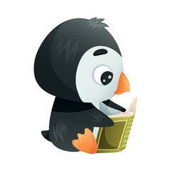 Poster - Cute Penguin Reading Book in Hard Cover Enjoying Interesting Story Vector Illustration