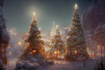 Fabulous winter Christmas background. Christmas decorations, lights, illuminated stone arch, houses, winter garden, snow, decorated Christmas tree. Festive winter New Year's landscape