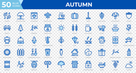 Poster - Set of 50 Autumn icons in line blue style. Leaves, berries, sweater. Outline icons collection. Vector illustration