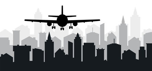City sky and landing or soaring air plane line path. Take Off airplane, flight route with start point. Vector aircraft sign. Vacation, holliday to town. Tourism. Route Concept. Cartoon urban landscape