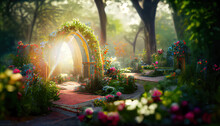 Magical Fairytale Garden With Glowing Arc As Secret Gateway