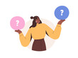 © Good Studio - Make choice, decision concept. Puzzled business woman doubting, deciding, setting priorities. Questioned employee thinking, analyzing two options. Flat vector illustration isolated on white background