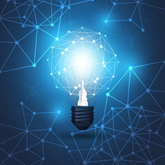 Poster - Abstract Cloud Computing, Electric and Global Network Connections Concept Design with Earth Globe Inside a Glowing Light Bulb and Transparent 3D Geometric Mesh - Illustration in Editable Vector Format