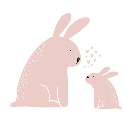 Wall Mural - Mom and Baby Bunny. Pink Rabbits on a White Background, Mother Day Card, Cute Nursery vector Illustration with lovely Pink Bunnies ideal for Wall Art, Poster, Greeting. Mommy Bunny with Baby Rabbit.