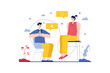 © DesignSells - Concept Digital detox with people scene in the flat cartoon style. Young couple meditates on the street to distract themselves from gadgets. Vector illustration.