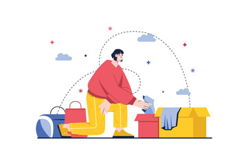 Poster - Donation concept with people scene in the flat cartoon design. Woman packs unnecessary clothes to give them to those who need them. Vector illustration.