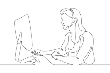 Poster - One continuous line.Call centre.Woman call center operator. Handling calls and messages. Operator with phone and computer. Manager in headphones with microphoneOne continuous line is drawn on a white 