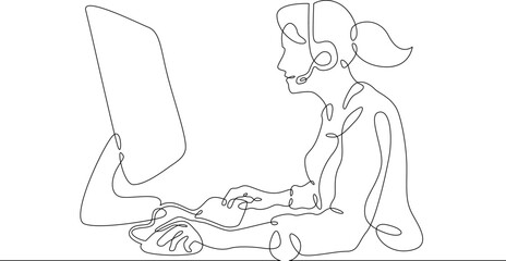 Wall Mural - One continuous line.Call centre.Woman call center operator. Handling calls and messages. Operator with phone and computer. Manager in headphones with microphoneOne continuous line is drawn on a white 