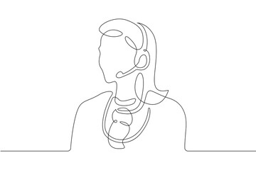 One continuous line.Call centre.Woman call center operator. Handling calls and messages. Operator with phone and computer. Manager in headphones with microphoneOne continuous line is drawn on a white 