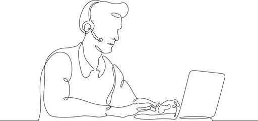 Poster - One continuous line.Call centre.Male call center operator. Handling calls and messages. Operator with phone and computer. Manager in headphones with microphoneOne continuous line is drawn on a white 
