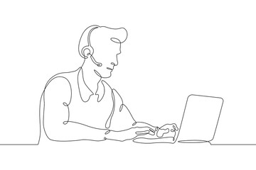 Poster - One continuous line.Call centre.Male call center operator. Handling calls and messages. Operator with phone and computer. Manager in headphones with microphoneOne continuous line is drawn on a white 