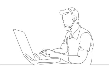 Poster - One continuous line.Call centre.Male call center operator. Handling calls and messages. Operator with phone and computer. Manager in headphones with microphoneOne continuous line is drawn on a white 