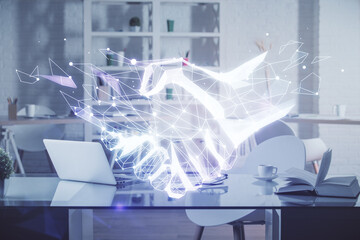 Poster - Multi exposure of handshake drawings and office interior background. Partnership concept.