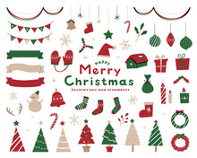 クリスマスのかわいいイラストセット　飾り　素材　オーナメント　プレゼント　冬　雪　サンタ帽　リボン