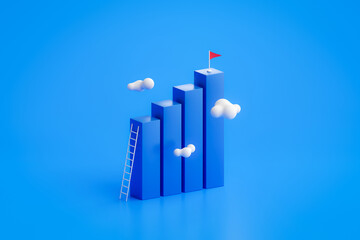 Success business graph on goal achievement strategy chart concept 3d background with creative growth financial progress target or victory competition step climbing top flag improvement high objective.