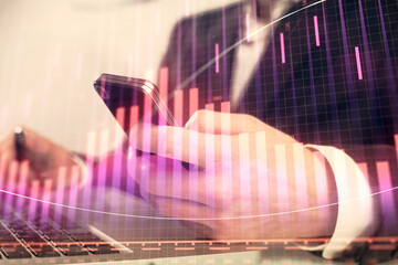Poster - Multi exposure of man's hands holding and using a digital phone and forex graph drawing. Financial market concept.