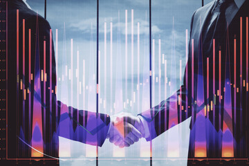 Poster - Double exposure of forex graph hologram and handshake of two men. Stock market concept.