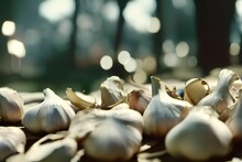 Closeup Of Whole Unpeeled Garlic With Bokeh Lights In The Background