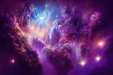 Poster - Beautiful mystical landscape with a crystal waterfall and a beautiful purple forest in the cosmic space.