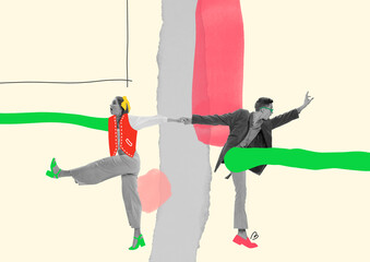 Wall Mural - Contemporary art collage. Stylish young people, man and woman dancing, having fun