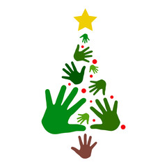 Logotipo árbol de navidad formado por siluetas de manos, círculos y estrella