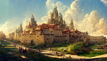 magestic medevial castle and city on the mountain. fantasy backdrop. concept art. realistic illustra