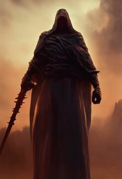 3D render of a hooded warrior in a robe standing against a dark background