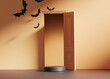 3D black podium display on orange background with open door. Halloween Flying bat. Pedestal showcase. Fall product promotion stand. Abstract banner, spooky 3D render.  Advertisement mockup.