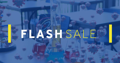 Poster - Image of flash sale text and virus cells over lab