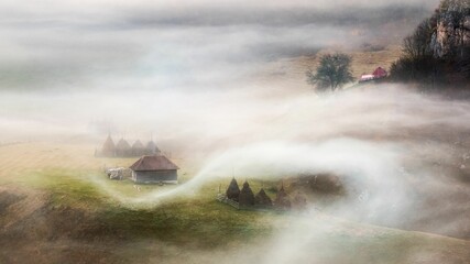 Poster - Foggy view of trees and rural houses on rocky hills with heavy smoke in the air