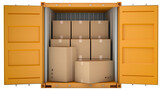 Fototapeta Do przedpokoju - Open cargo container with pallet and cardboard boxes for shipping