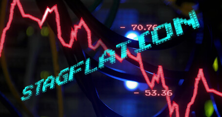 Poster - image of data processing and stagflation text over server room