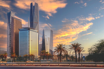 sunset over large buildings equipped with the latest technology, king abdullah financial district, i